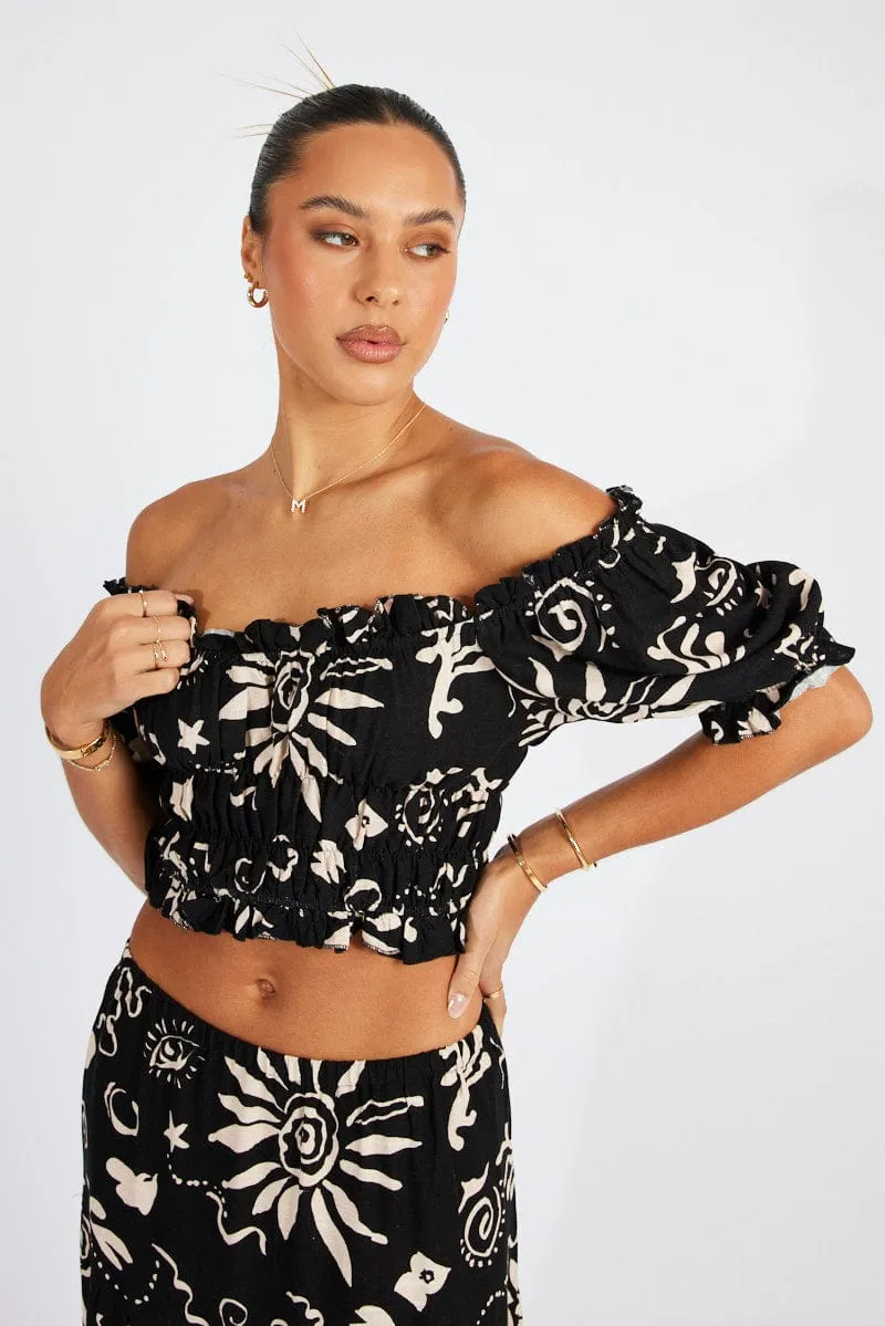 Black Abstract Crop Top Short Sleeve Linen sold by Ally Fashion product image thumbnail 3