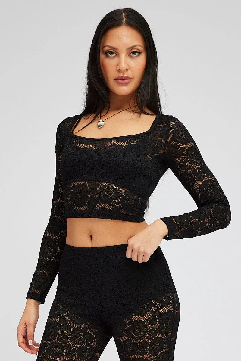 Black Top Long Sleeve Crop Round Neck Lace sold by Ally Fashion product image thumbnail 3