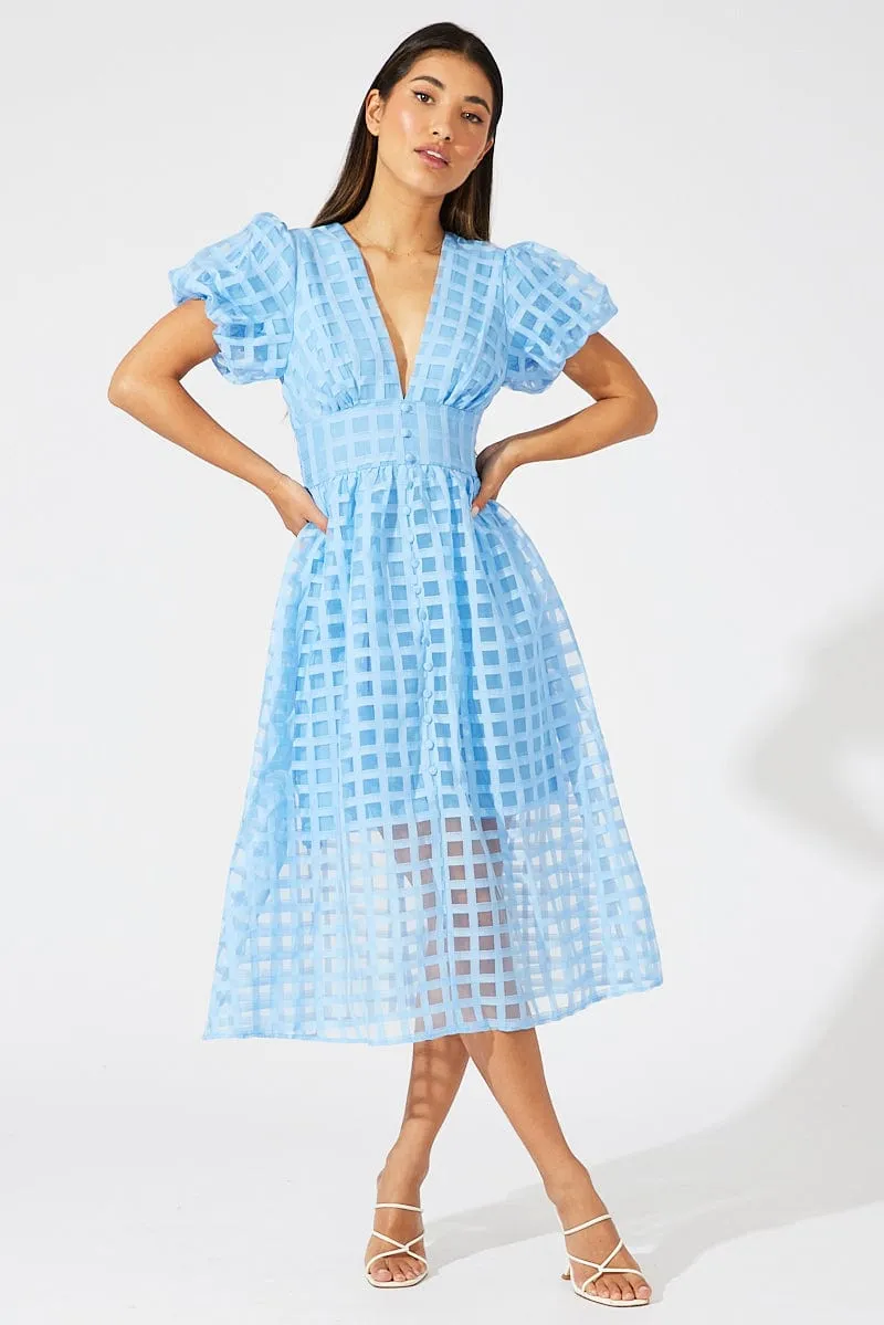 Blue Midi Dress Puff Sleeve V-Neck sold by Ally Fashion product image thumbnail 3