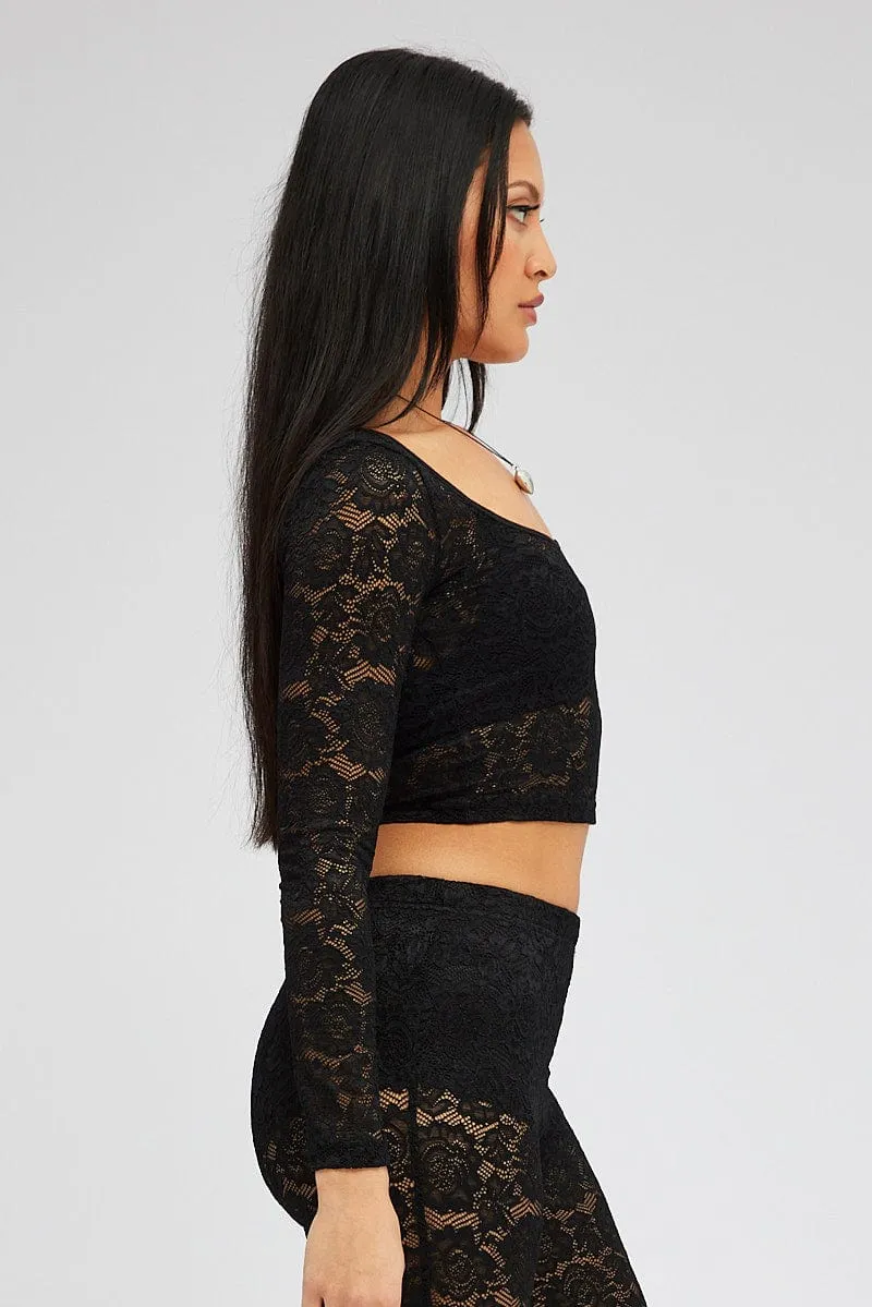 Black Top Long Sleeve Crop Round Neck Lace sold by Ally Fashion product image thumbnail 4
