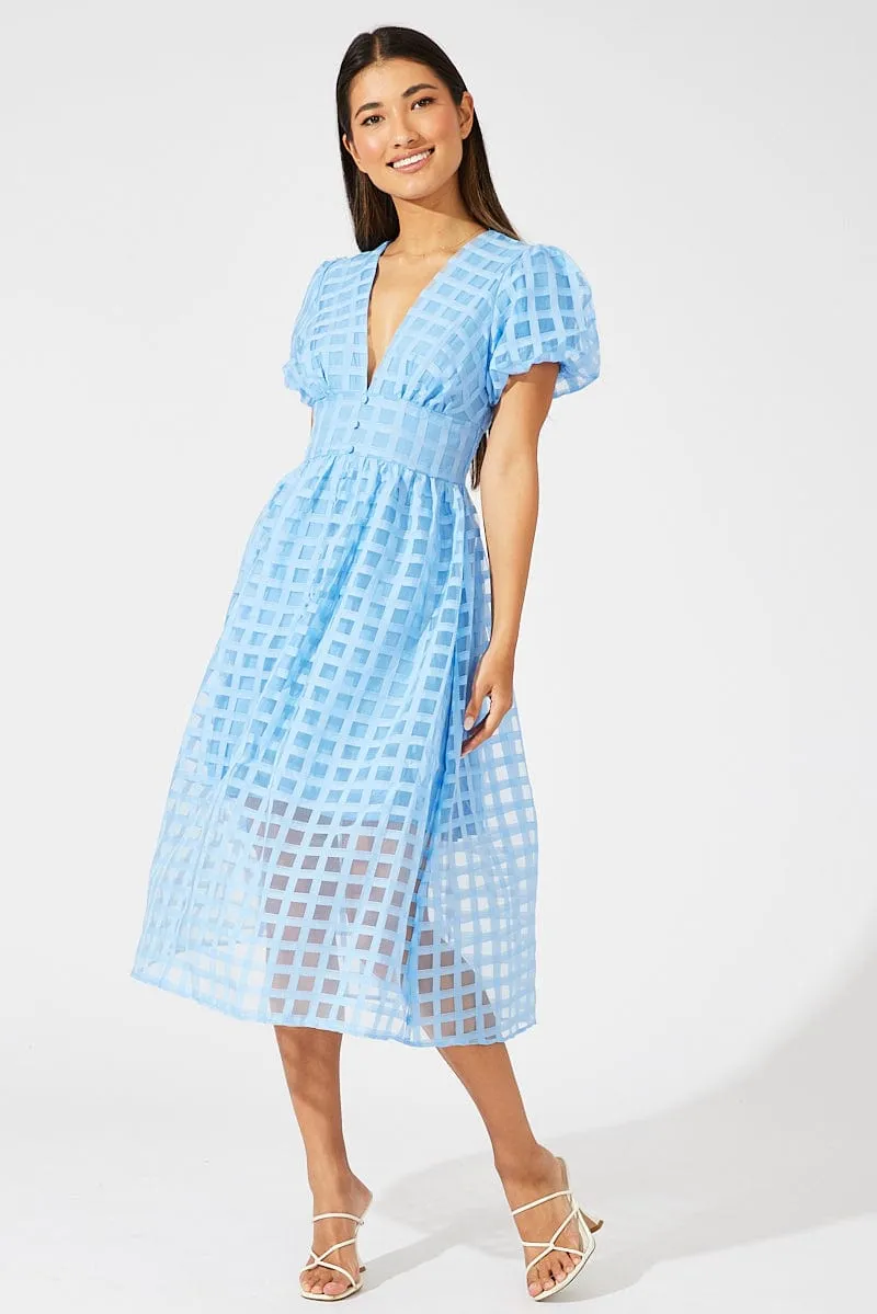 Blue Midi Dress Puff Sleeve V-Neck sold by Ally Fashion