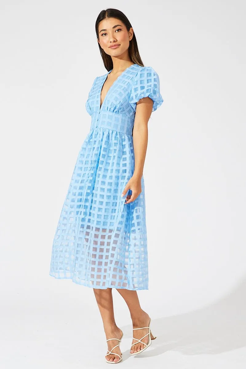 Blue Midi Dress Puff Sleeve V-Neck sold by Ally Fashion product image thumbnail 2