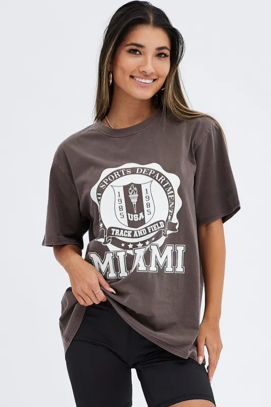 Brown T Shirt Short Sleeve Round Neck Miami sold by Ally Fashion