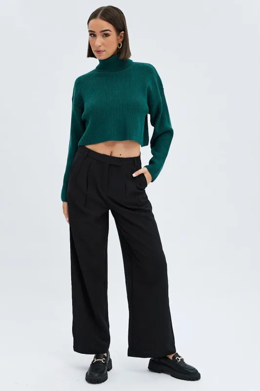 Black Wide Leg Pants Turn Down Waist Low Rise sold by Ally Fashion