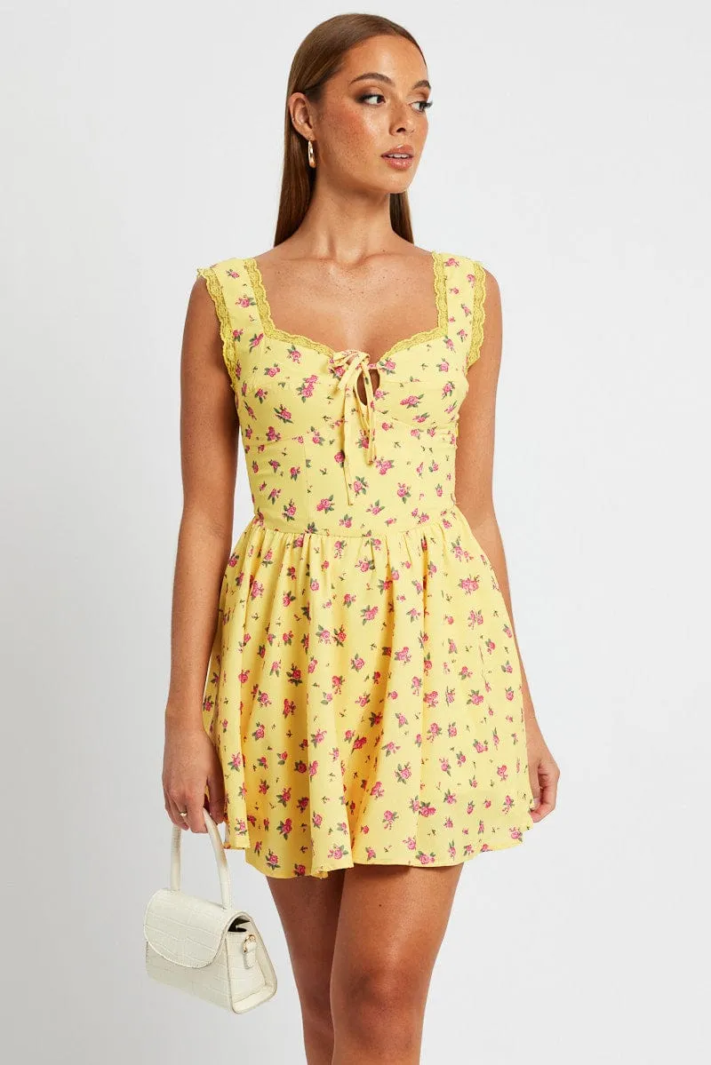 Yellow Floral Fit and Flare Dress Sleeveless Lace Trim sold by Ally Fashion