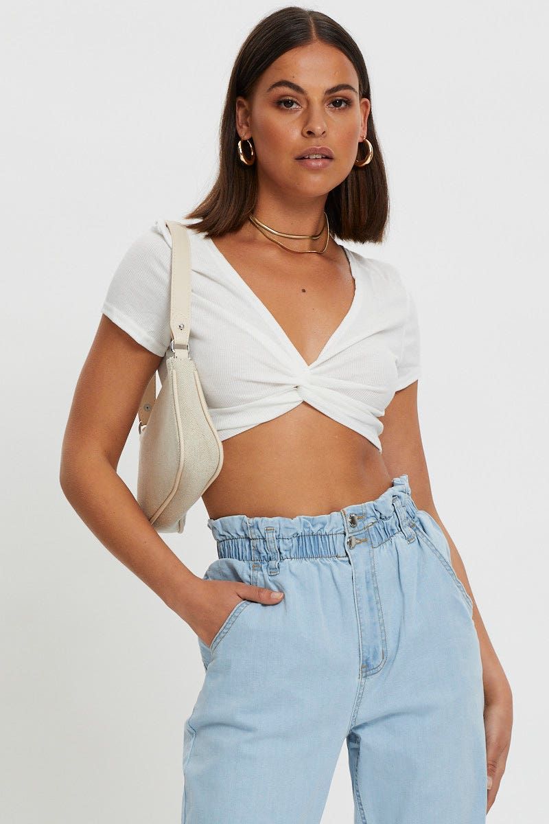 White Short Sleeve Rib Jersey Twist Front Crop Top sold by Ally Fashion