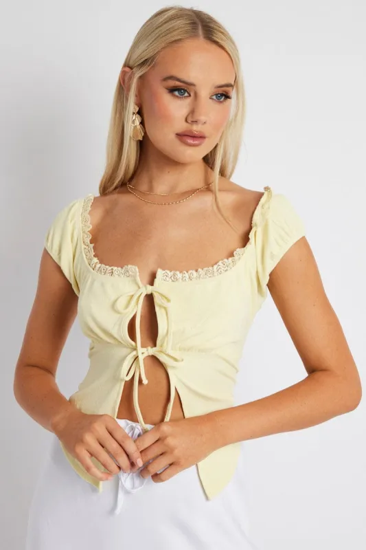 Yellow Front Tie Top Short Sleeve Rib sold by Ally Fashion