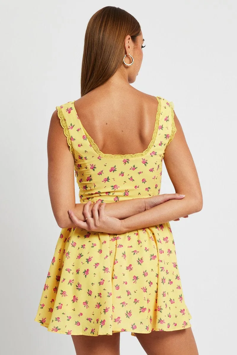 Yellow Floral Fit and Flare Dress Sleeveless Lace Trim sold by Ally Fashion product image thumbnail 5