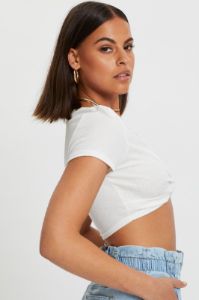 White Short Sleeve Rib Jersey Twist Front Crop Top sold by Ally Fashion