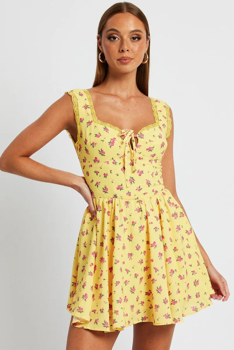 Yellow Floral Fit and Flare Dress Sleeveless Lace Trim sold by Ally Fashion product image thumbnail 3