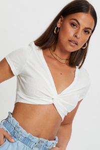 White Short Sleeve Rib Jersey Twist Front Crop Top sold by Ally Fashion