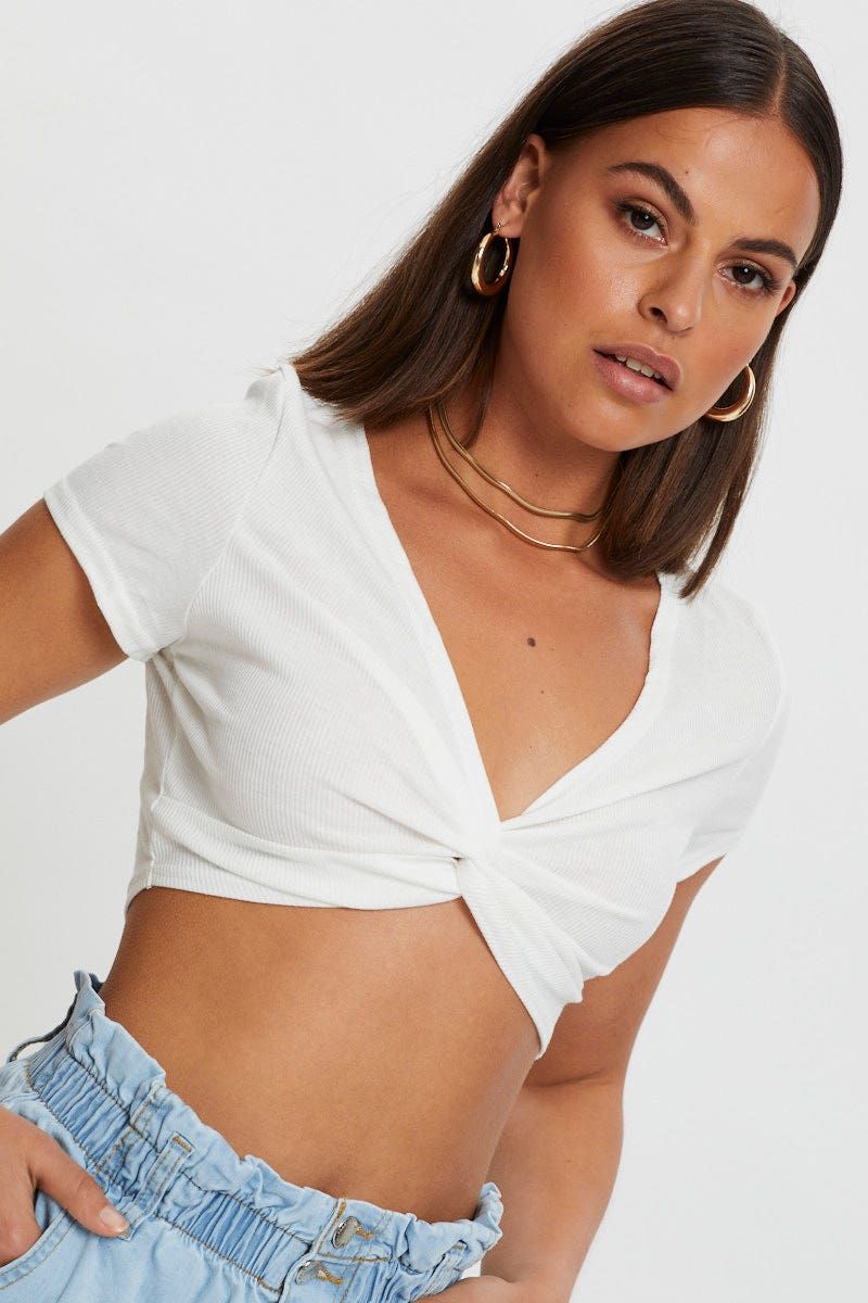 White Short Sleeve Rib Jersey Twist Front Crop Top sold by Ally Fashion product image thumbnail 2