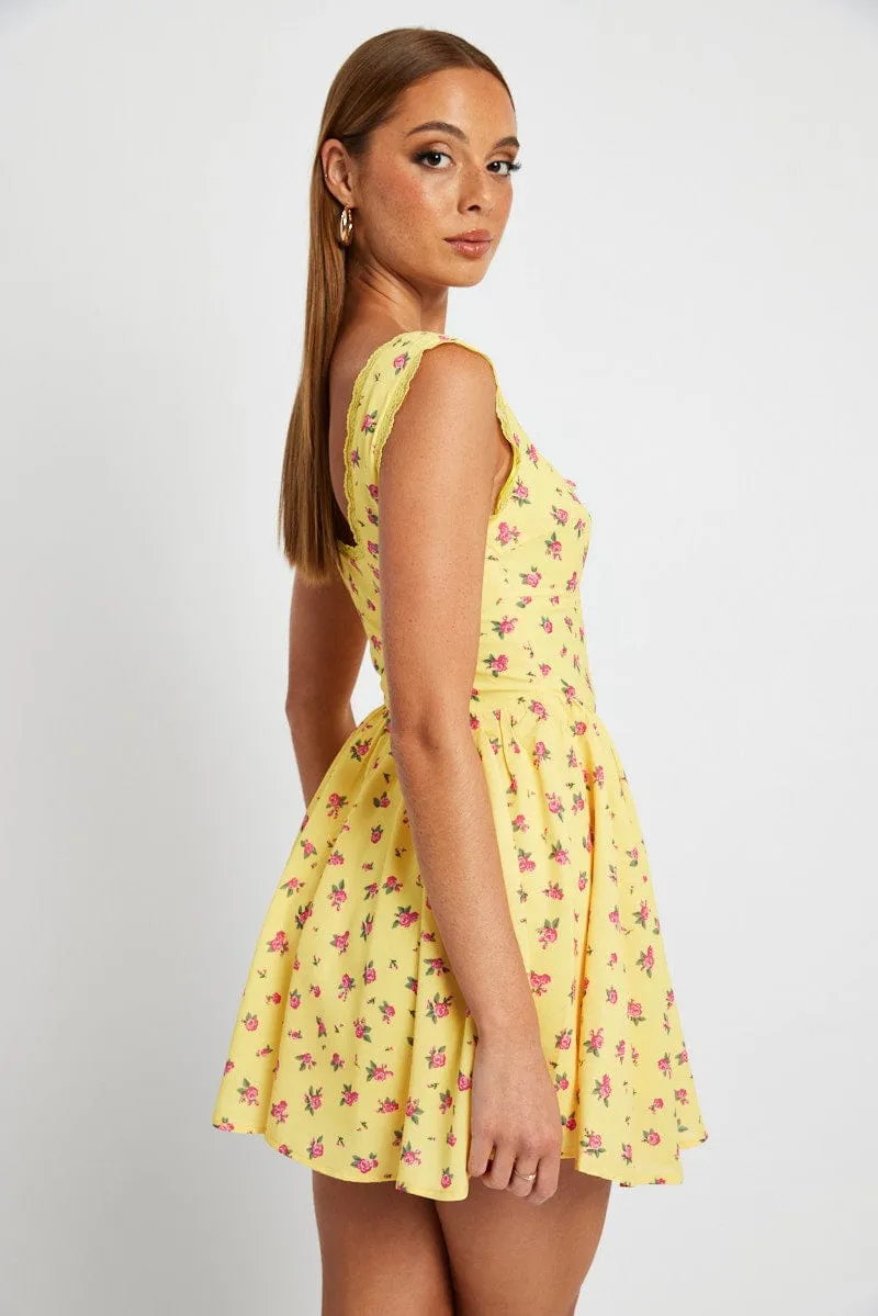 Yellow Floral Fit and Flare Dress Sleeveless Lace Trim sold by Ally Fashion product image thumbnail 4