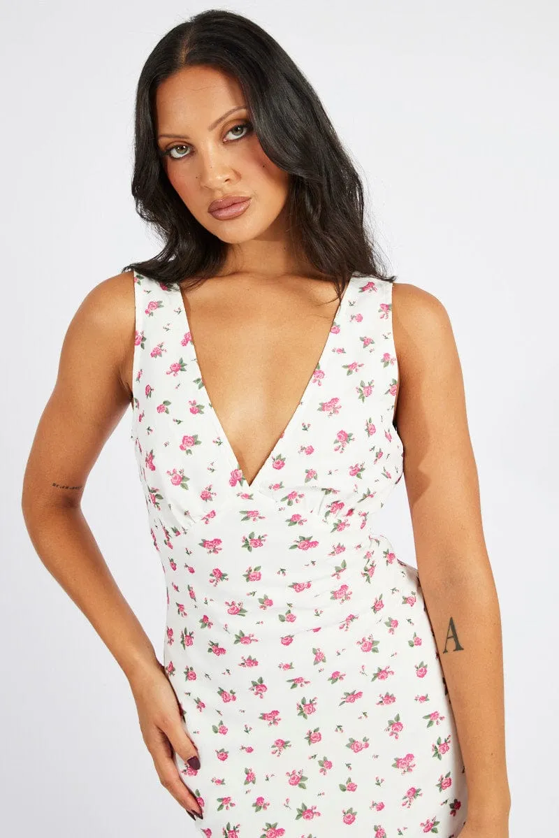 White Floral Maxi Dress V-Neck Sleeveless sold by Ally Fashion