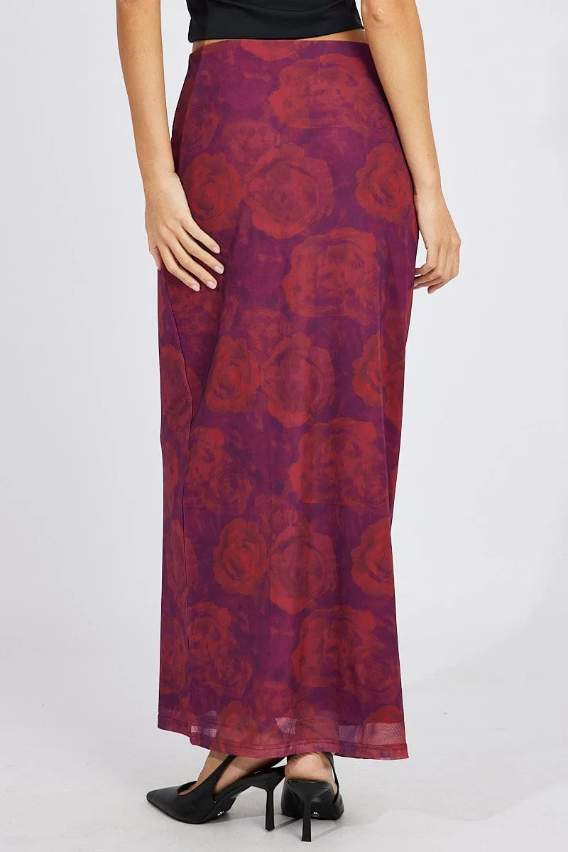 Red Floral Maxi Skirt High Rise Mesh sold by Ally Fashion product image thumbnail 5