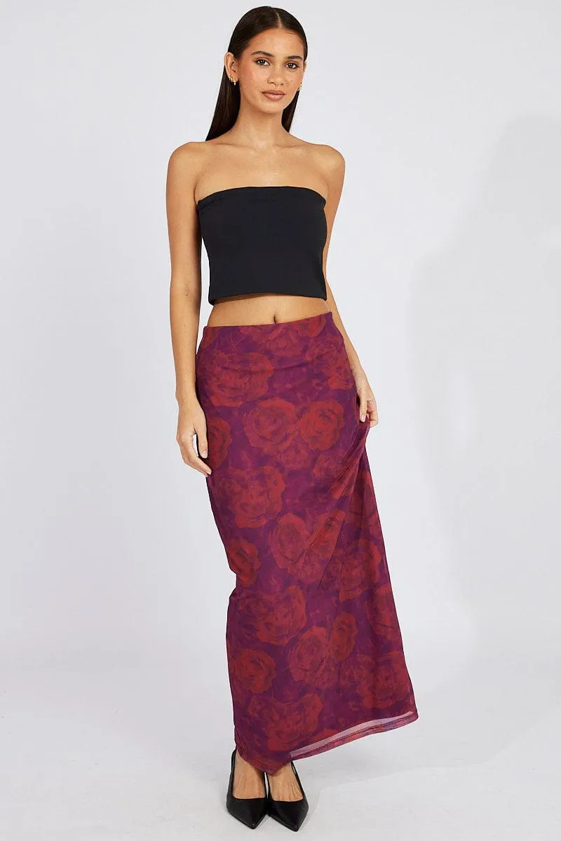 Red Floral Maxi Skirt High Rise Mesh sold by Ally Fashion product image thumbnail 2