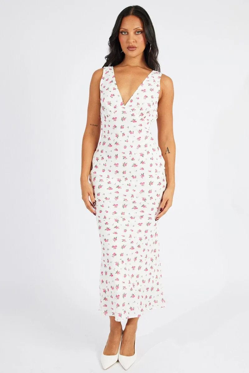White Floral Maxi Dress V-Neck Sleeveless sold by Ally Fashion product image thumbnail 2