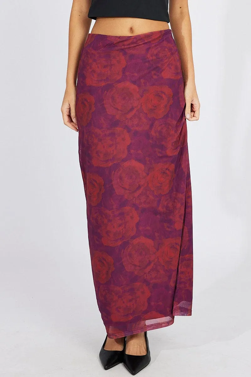 Red Floral Maxi Skirt High Rise Mesh sold by Ally Fashion product image thumbnail 3