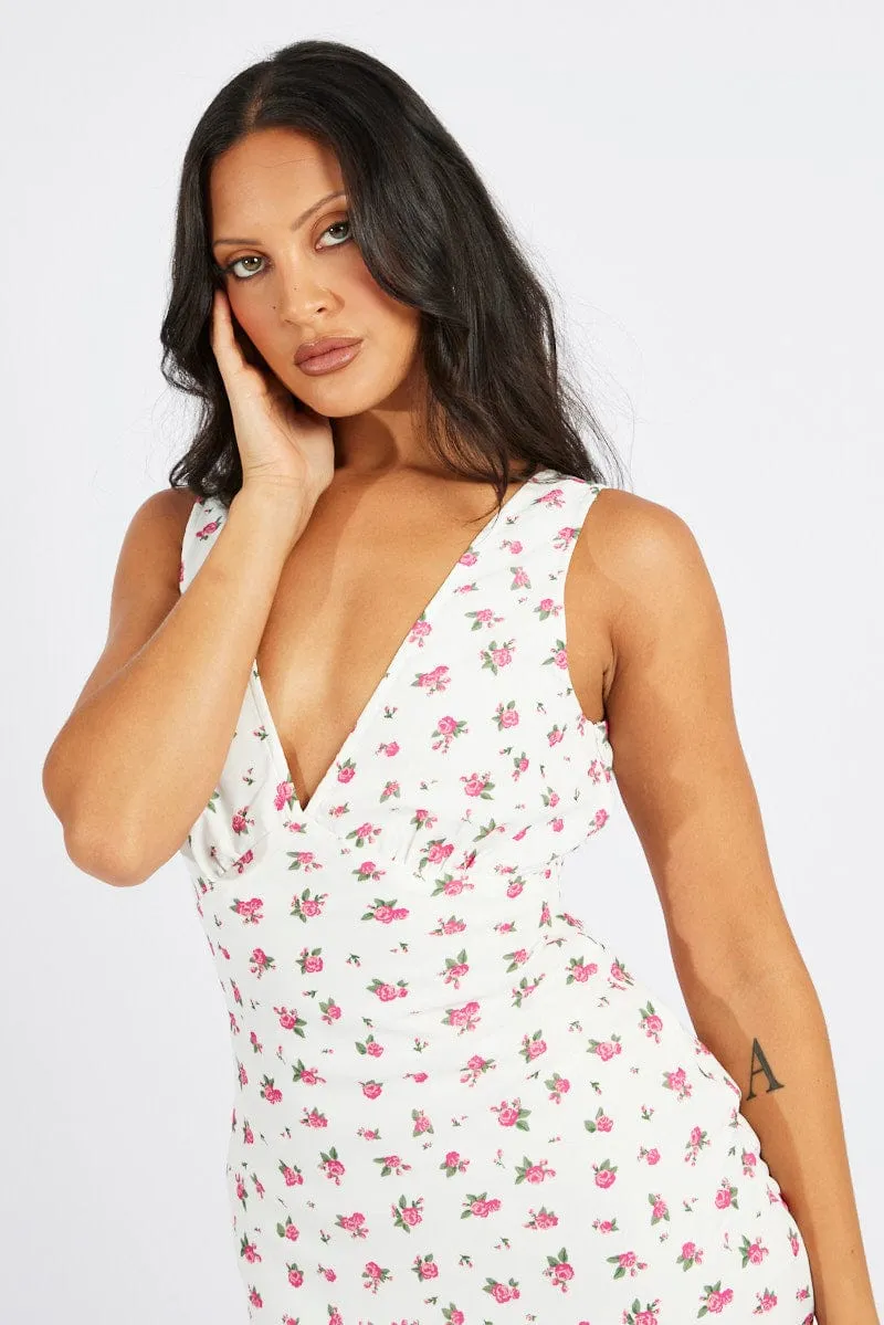 White Floral Maxi Dress V-Neck Sleeveless sold by Ally Fashion product image thumbnail 3