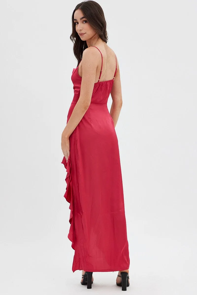 Red Ruffle Maxi Satin Cowl Neck Dress sold by Ally Fashion product image thumbnail 5