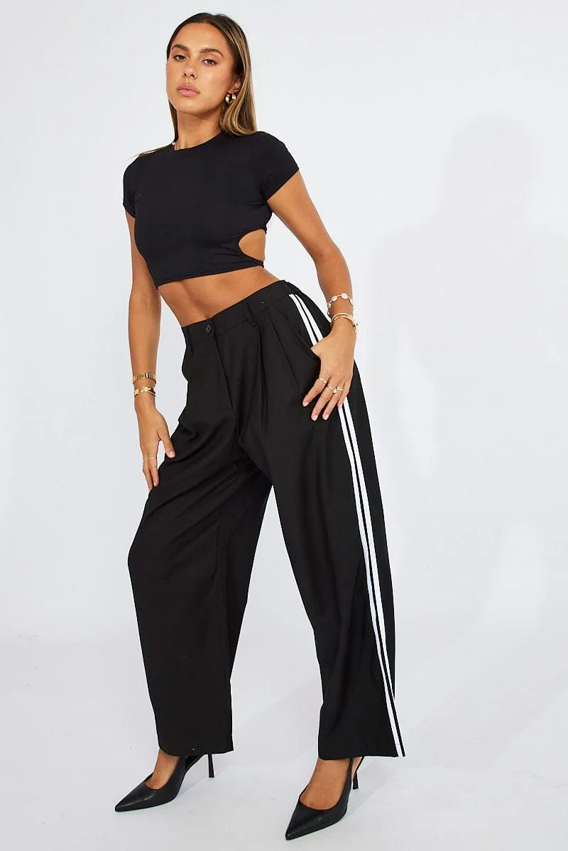 Black Wide Leg Pants Side Stripe sold by Ally Fashion