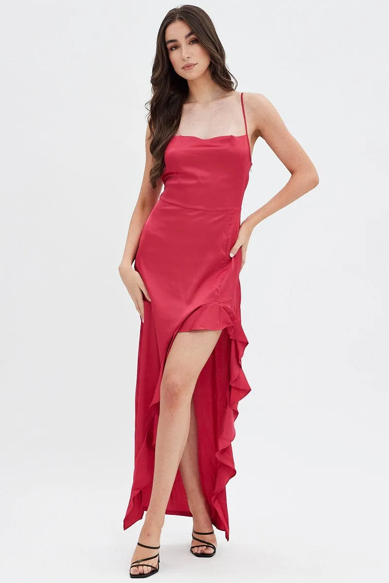 Red Ruffle Maxi Satin Cowl Neck Dress sold by Ally Fashion product image thumbnail 3