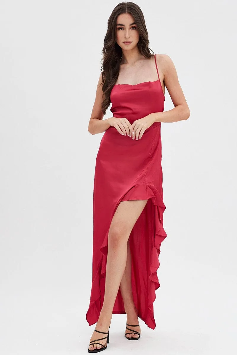 Red Ruffle Maxi Satin Cowl Neck Dress sold by Ally Fashion