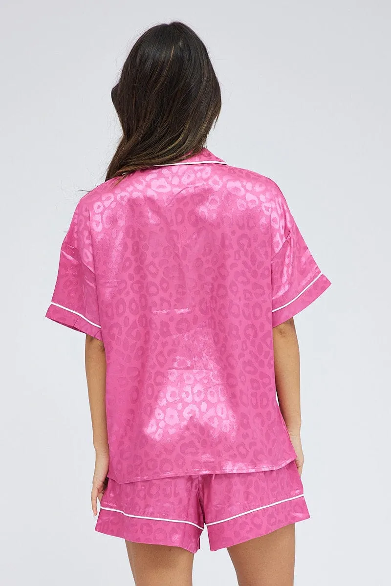 Pink Pyjama Set Leopard Jacquard Satin Piping PJ sold by Ally Fashion product image thumbnail 5