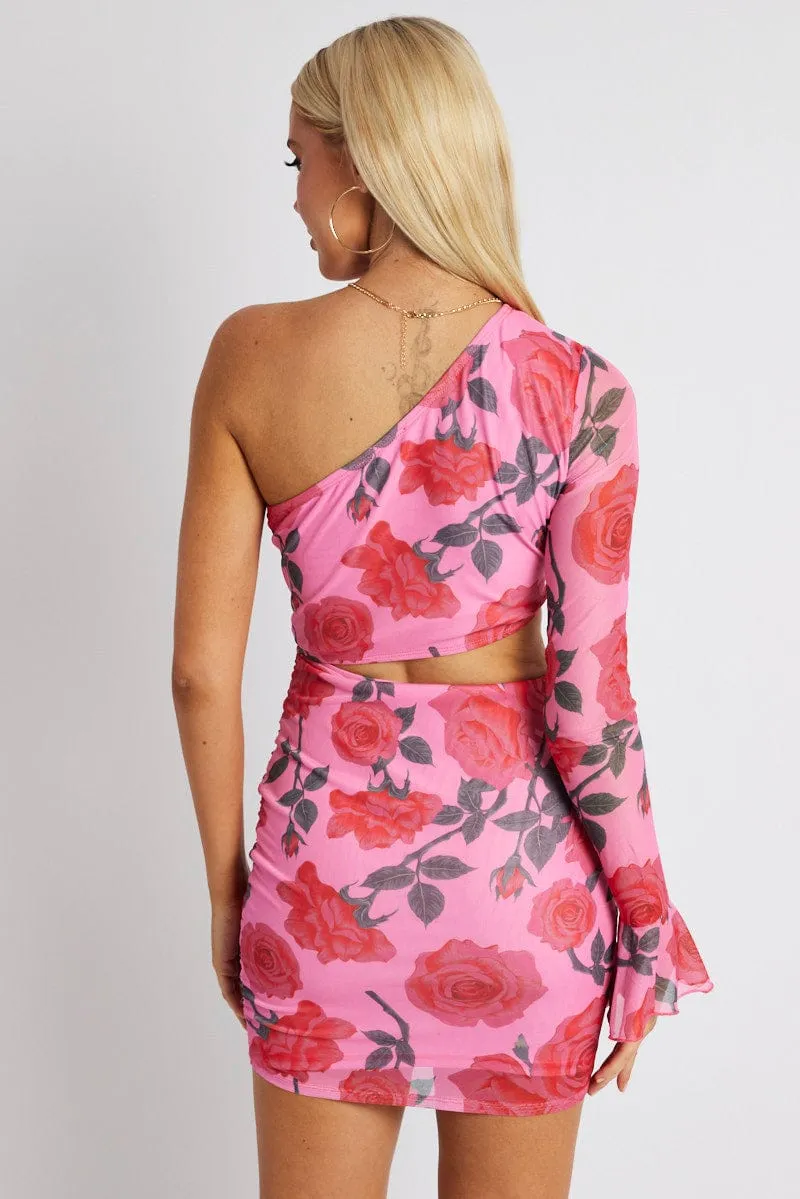 Multi Floral Dress One Shoulder Ruffle Sleeve Mini Dress sold by Ally Fashion product image thumbnail 5