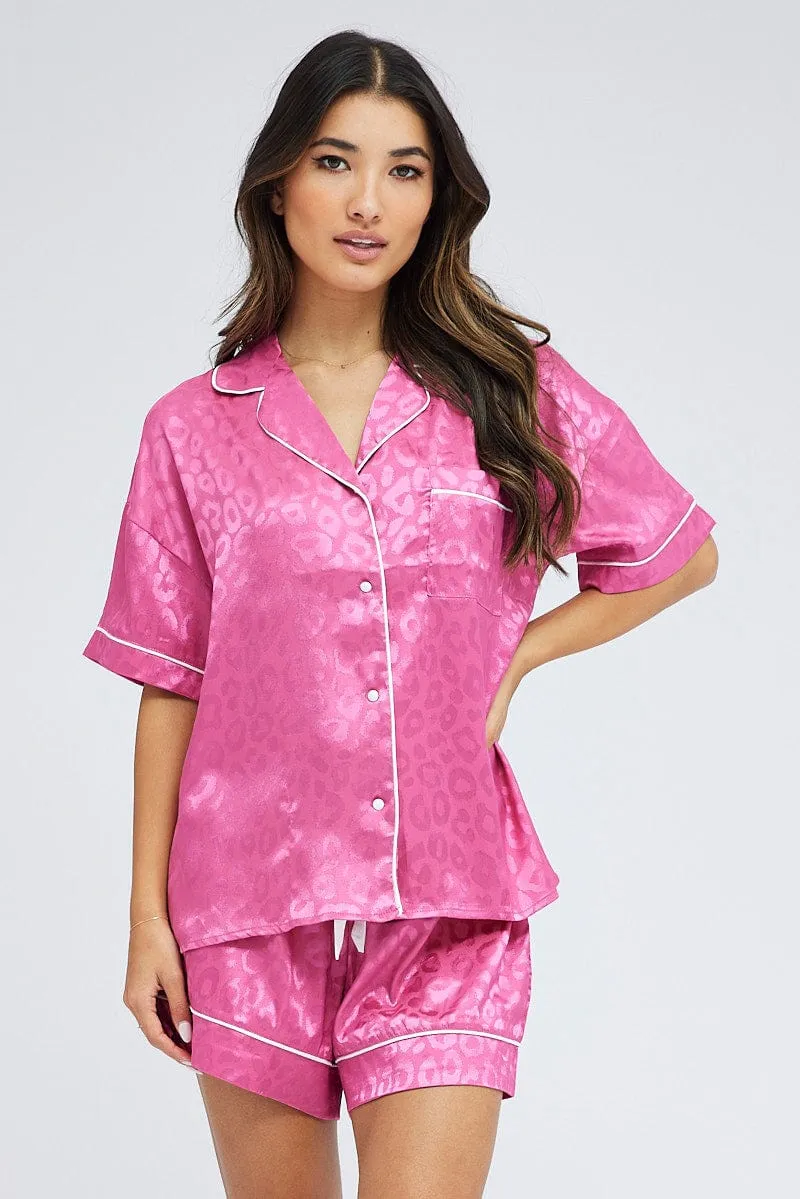 Pink Pyjama Set Leopard Jacquard Satin Piping PJ sold by Ally Fashion product image thumbnail 3