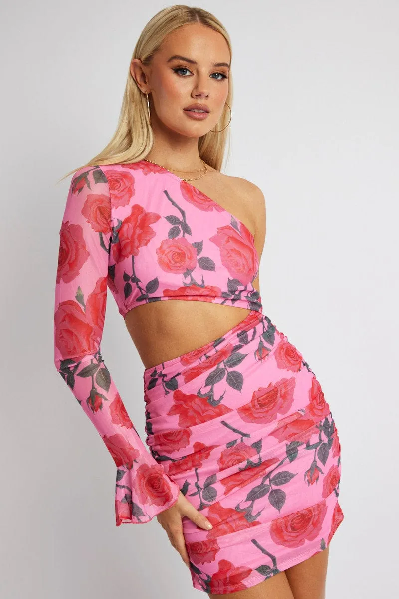 Multi Floral Dress One Shoulder Ruffle Sleeve Mini Dress sold by Ally Fashion product image thumbnail 3