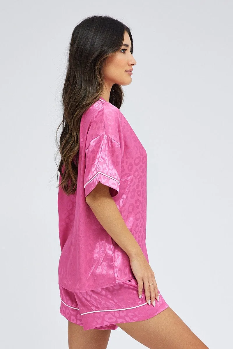 Pink Pyjama Set Leopard Jacquard Satin Piping PJ sold by Ally Fashion product image thumbnail 4