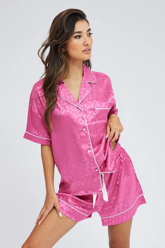 Pink Pyjama Set Leopard Jacquard Satin Piping PJ sold by Ally Fashion