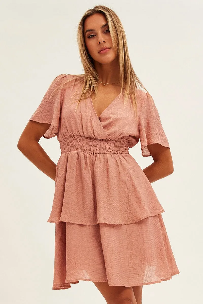 Pink Tiered Dress Flutter Sleeve Wrap Front Tiered Hem sold by Ally Fashion product image thumbnail 3
