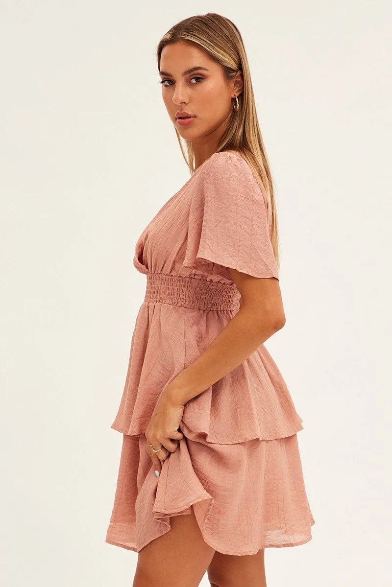 Pink Tiered Dress Flutter Sleeve Wrap Front Tiered Hem sold by Ally Fashion product image thumbnail 4