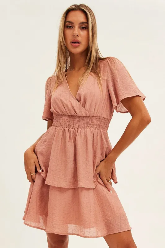 Pink Tiered Dress Flutter Sleeve Wrap Front Tiered Hem made by Ally Fashion