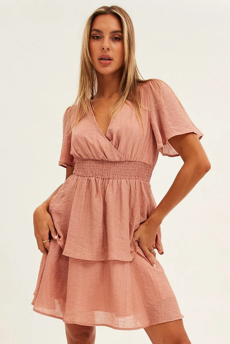 Pink Tiered Dress Flutter Sleeve Wrap Front Tiered Hem sold by Ally Fashion