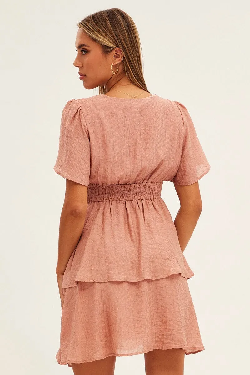 Pink Tiered Dress Flutter Sleeve Wrap Front Tiered Hem sold by Ally Fashion product image thumbnail 5