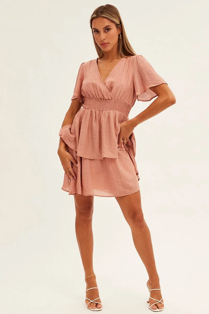 Pink Tiered Dress Flutter Sleeve Wrap Front Tiered Hem sold by Ally Fashion product image thumbnail 2