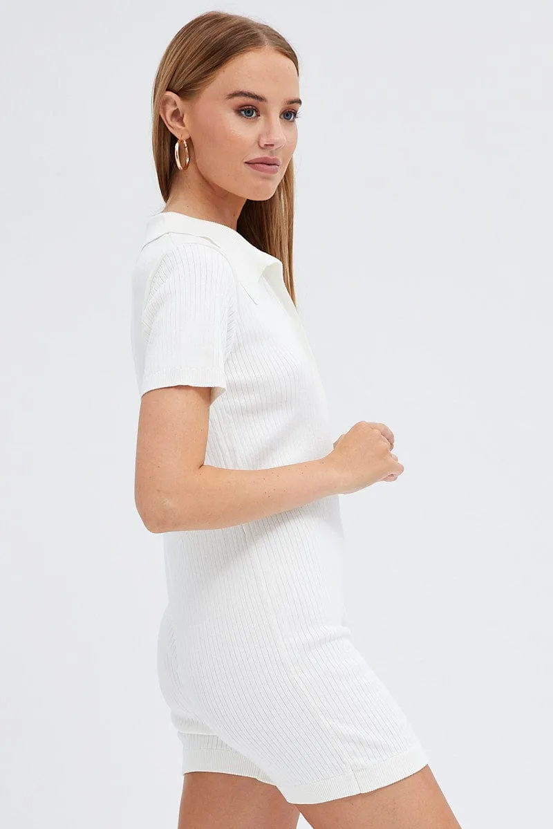 White Knit Romper Short Sleeve Collared Onesie Unitard sold by Ally Fashion product image thumbnail 4