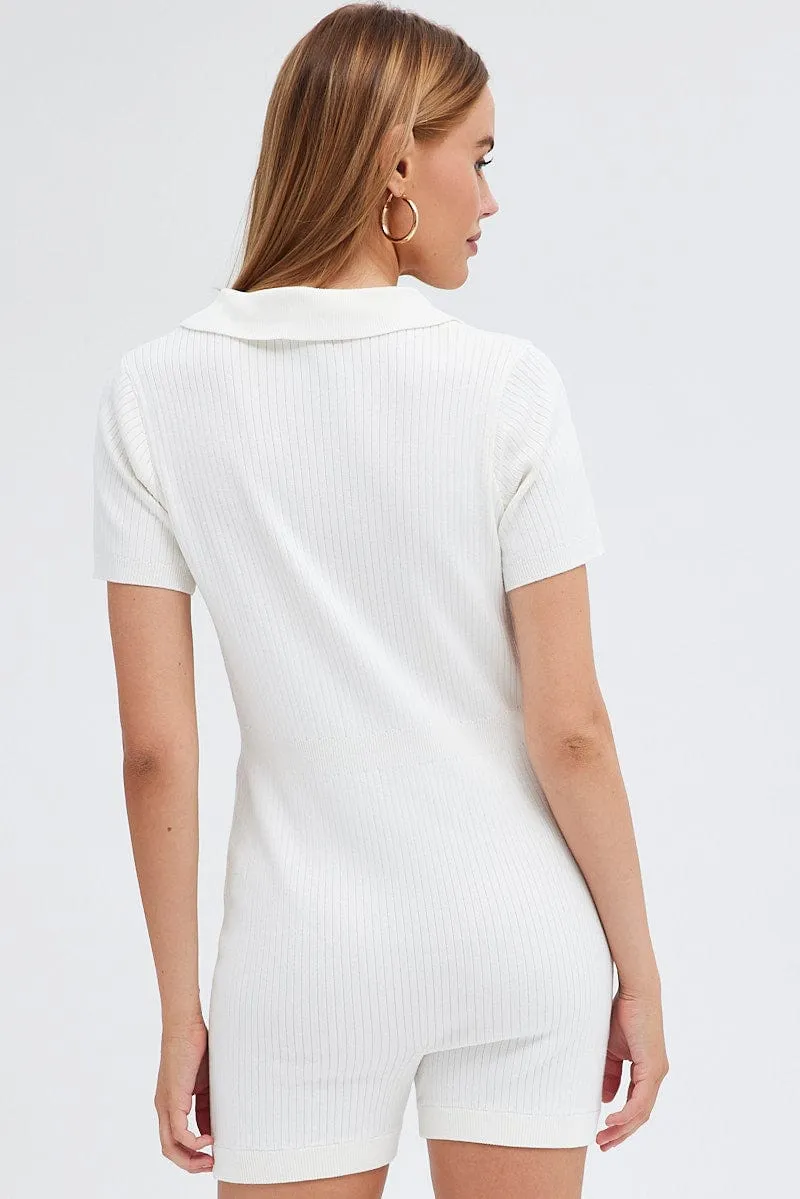White Knit Romper Short Sleeve Collared Onesie Unitard sold by Ally Fashion product image thumbnail 5