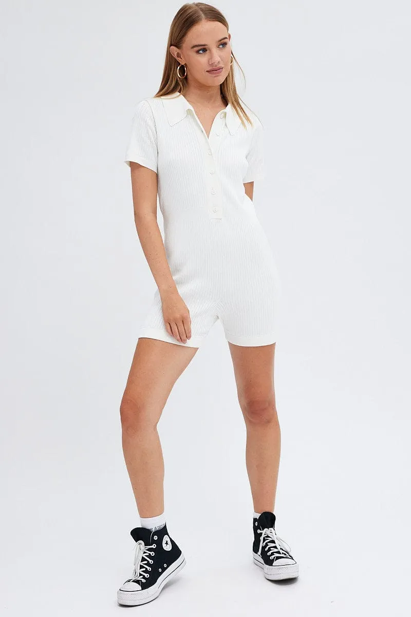 White Knit Romper Short Sleeve Collared Onesie Unitard sold by Ally Fashion product image thumbnail 2