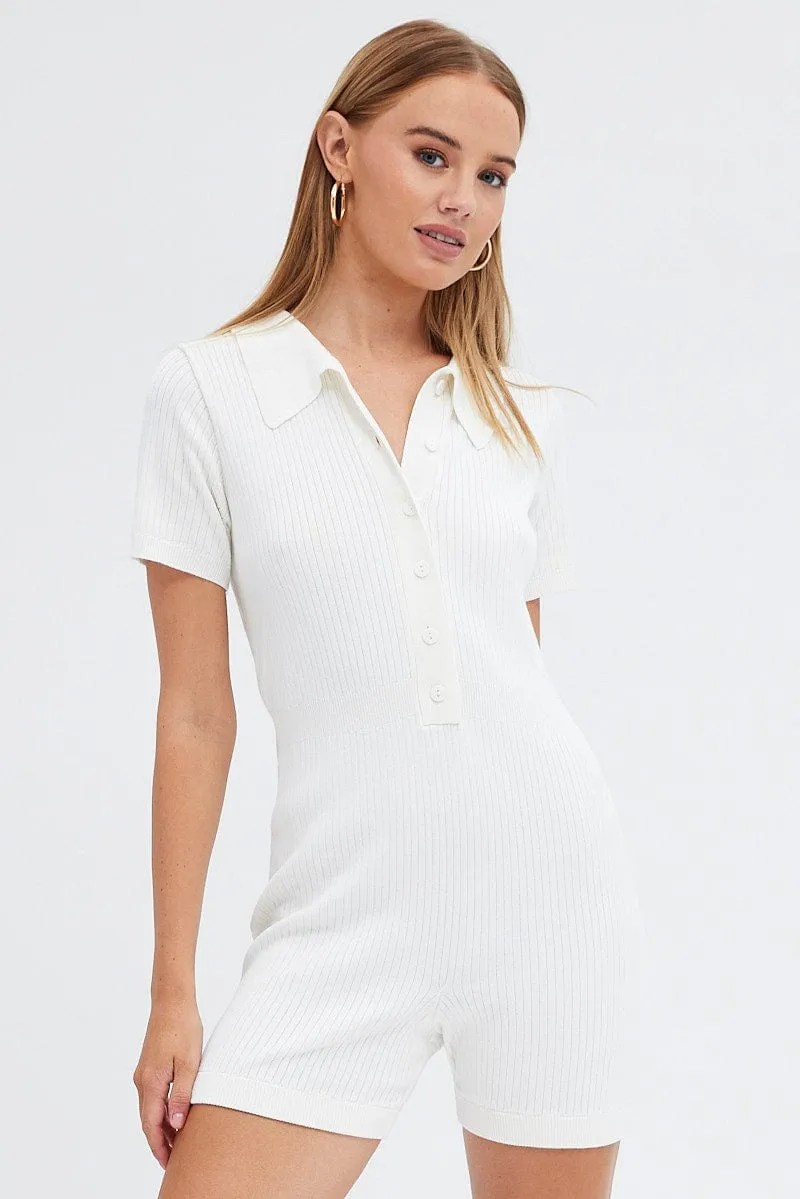 White Knit Romper Short Sleeve Collared Onesie Unitard sold by Ally Fashion product image thumbnail 3