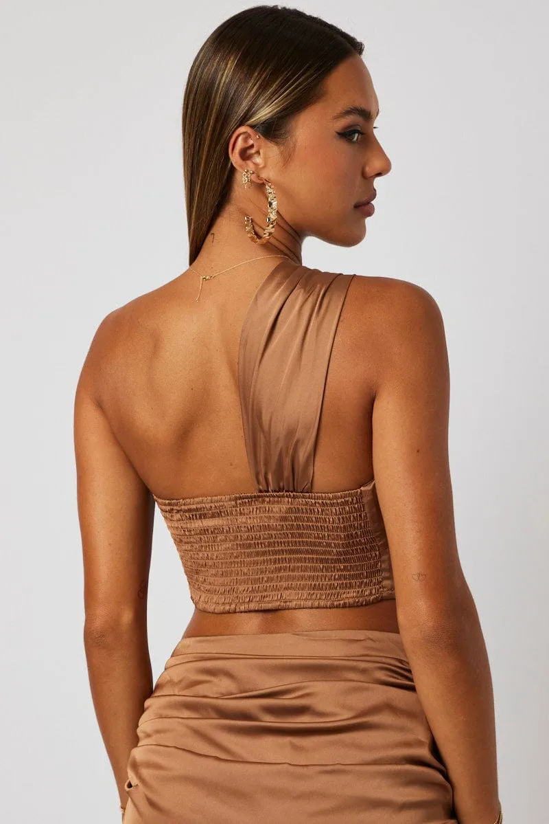 Brown One Shoulder Crop Top Twist Satin sold by Ally Fashion product image thumbnail 5