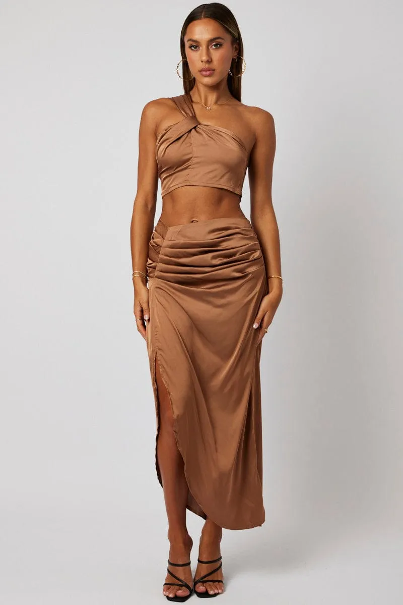 Brown One Shoulder Crop Top Twist Satin sold by Ally Fashion product image thumbnail 2