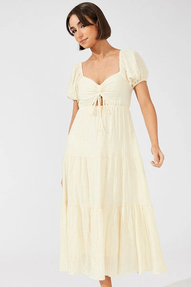 Beige Midi Dress Puff Sleeve Ruch Front sold by Ally Fashion product image thumbnail 2