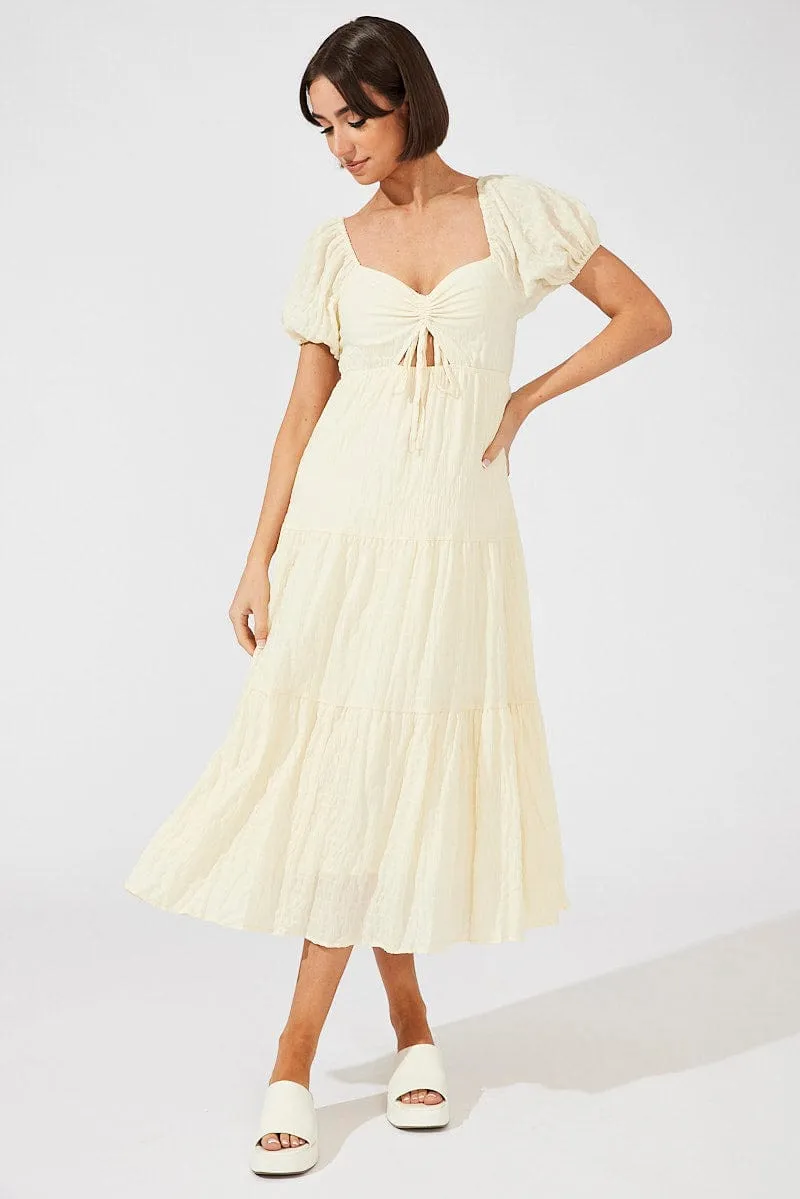 Beige Midi Dress Puff Sleeve Ruch Front sold by Ally Fashion product image thumbnail 3