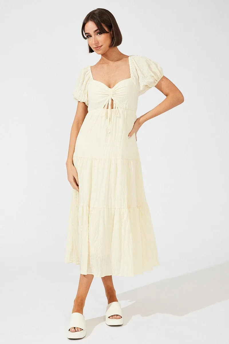 Beige Midi Dress Puff Sleeve Ruch Front sold by Ally Fashion