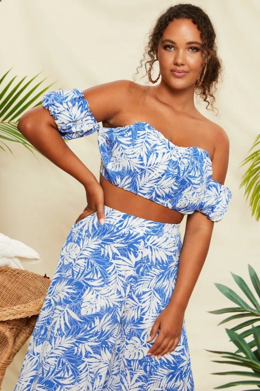 Mono Print Ruched Palm Tree Print Bardot Crop Top sold by Ally Fashion