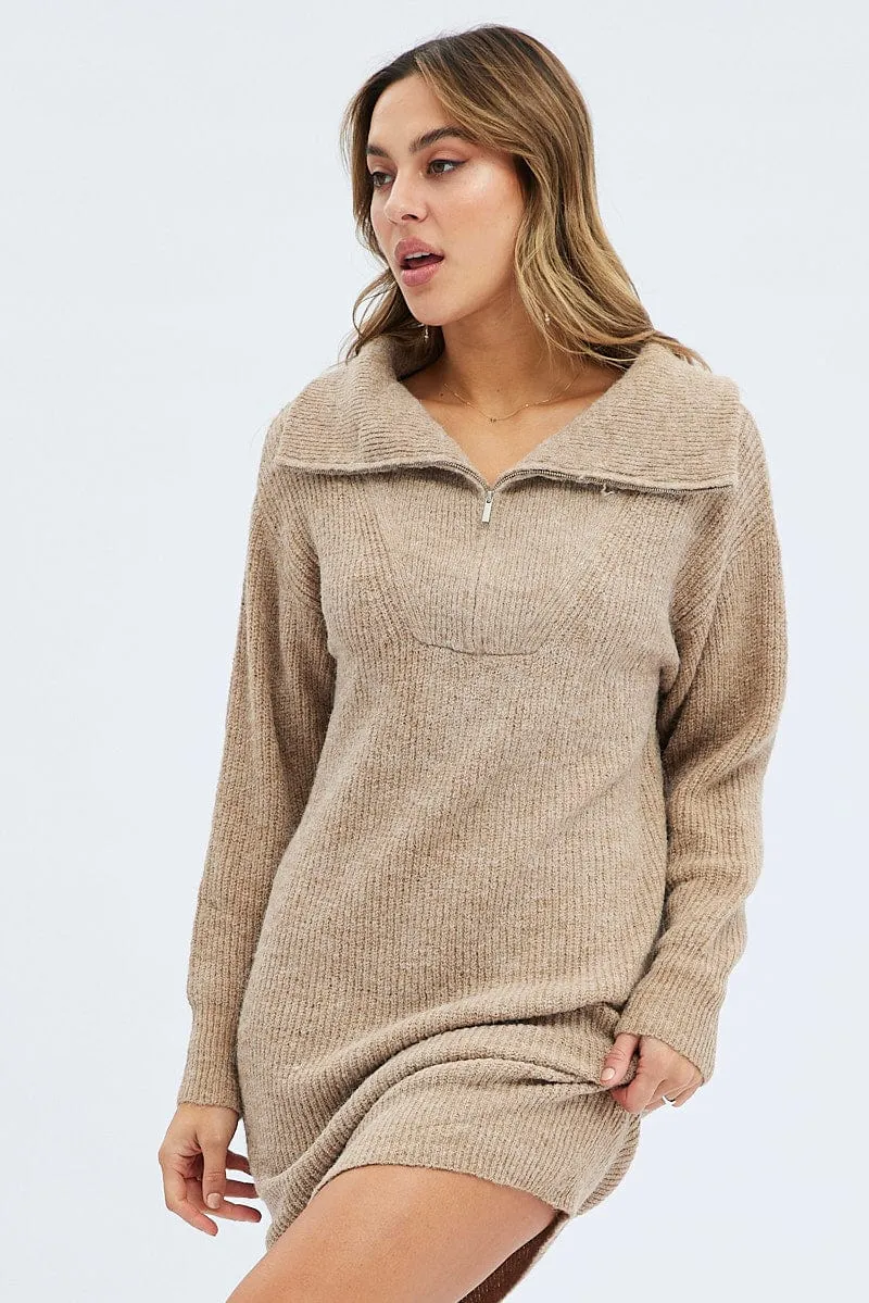 Camel Knit Dress Long Sleeve Turtleneck Zip sold by Ally Fashion product image thumbnail 3